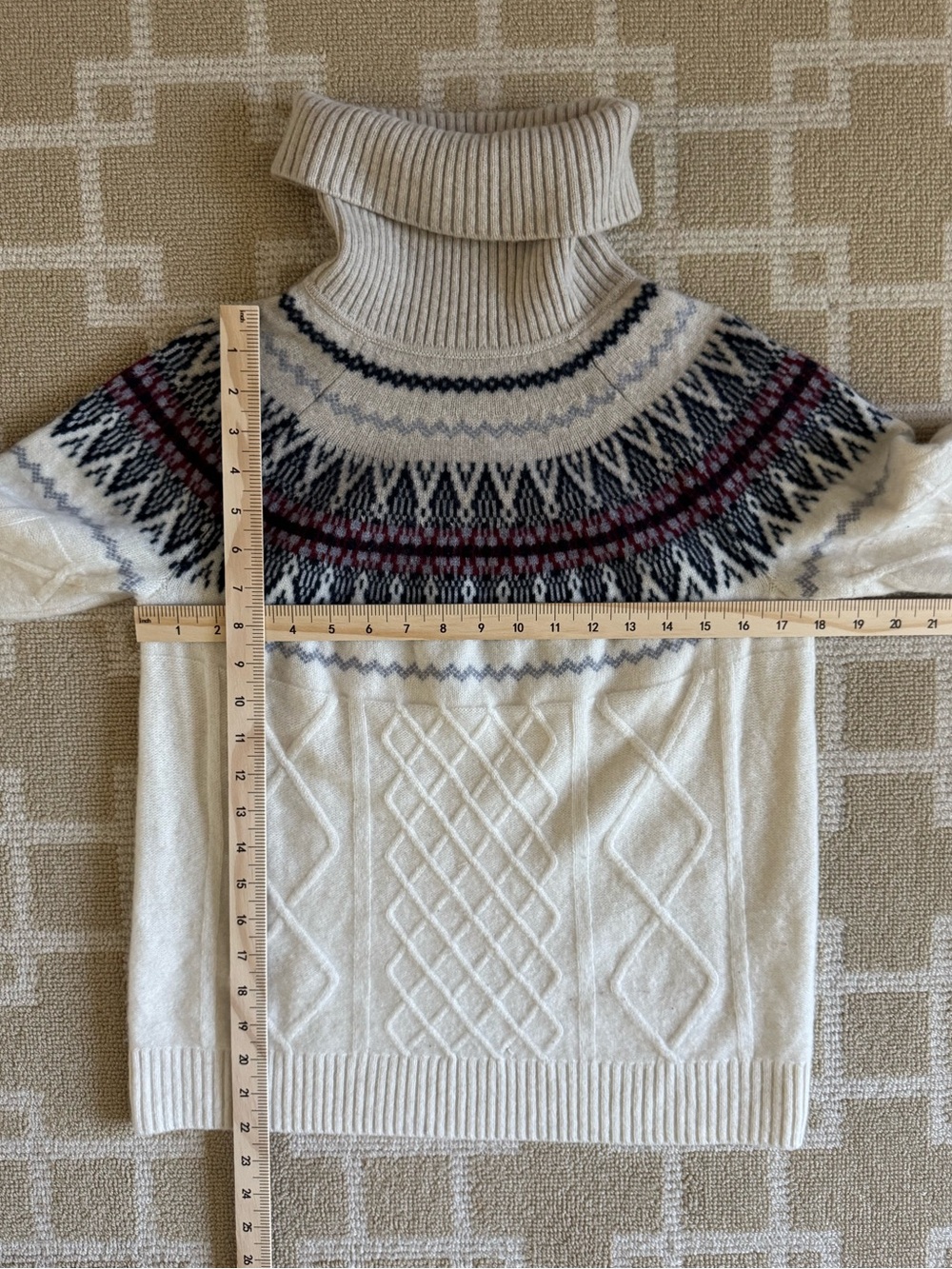 Orvis 100% Cashmere Fair Isle Cable Knit Turtleneck Sweater Ivory Medium - Picture 8 of 10